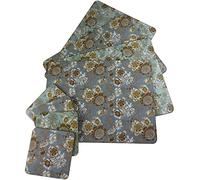 LP Set Of 4 Songbird Duck Egg Blue Gold Floral Dinner Place Mats And Coasters