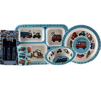 LP Vehicles/Lorry's 5 Piece Melamine Kid's Dinner Set - Plate, Bowl, Tray, Cup, Metal Cutlery