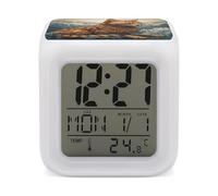 LPAGBCNU 7 Color Change LED Digital Alarm Clock with Snooze Calendar Temperature Display Cat in The Waves Wake Up Clock Battery Operated Bedside Lamp Night Light for Bedroom Decor
