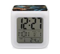 LPAGBCNU 7 Color Change LED Digital Alarm Clock with Snooze Calendar Temperature Display Dragonfly Flying on The Pond Wake Up Clock Battery Operated Bedside Lamp Night Light for Bedroom Decor