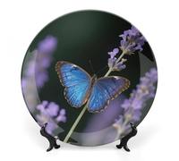 LPAGBCNU Bone China Decorative Plates Blue Morpho Butterfly Ceramic Decorative Plate Wall Decor with Display Stand Ceramic Ornaments for Wall Hanging Decoration