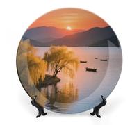 LPAGBCNU Bone China Decorative Plates Lakeside Dusk Weeping Willows Ceramic Decorative Plate Wall Decor with Display Stand Ceramic Ornaments for Wall Hanging Decoration