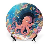 LPAGBCNU Bone China Decorative Plates Octopuses in The Coral Reefs Ceramic Decorative Plate Wall Decor with Display Stand Ceramic Ornaments for Wall Hanging Decoration