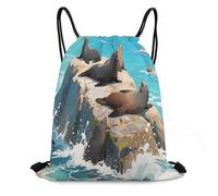 LPAGBCNU Drawstring Bags Drawstring Gym Bag Waterproof Sports Bag Sea Lions on The Reefs Leisure Bags Suitable for Office Picnic Outdoor Yoga Leisure Etc Unisex
