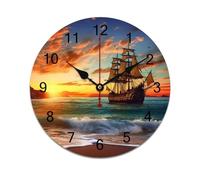 LPAGBCNU Wall Clock Pirate Ship in The Sunset Battery Operated Wall Clocks PVC Silent Non-Ticking Round Wall Clock for Living Room Kitchen Home Office Wall Decorative Clock