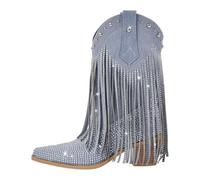 LPATEBCVU Western Boots Female Rhinestone Fringe Mid-Calf Cowboy Boots