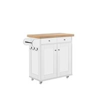 LPD Home Portland Kitchen Island - Contemporary Portable Kitchen Cart with Solid Wood Worktop, Double Cupboard, 2 Drawers, Towel Holder & Hooks, Extra Storage Unit (White)