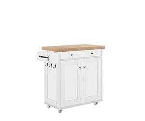 LPD Home Portland Kitchen Island - Contemporary Portable Kitchen Cart with Solid Wood Worktop, Double Cupboard, 2 Drawers, Towel Holder & Hooks, Extra Storage Unit (White)
