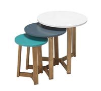 LPD Jasper Oak Round Nesting Tables Set Of 3 Aqua Blue White Tops Contemporary Design