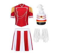 Lpdshaa Kids Royal Guard Costume Drum Band Team Outfit Red 7-8 Years | Drummer Accessories,Back Invisible Zipper,Button Decorate,4 Pieces Drummer Sets,Chain Front,Top Skirts with Hat Gloves