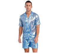 Lpdshaa Mens 2Pcs Shiny Beachwear Suit See through Water-ripple Shirt Top with Elastic Waistband Shorts Sky Blue 3XL