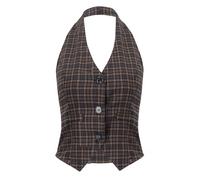 Lpdshaa Vintage Women's Checked Waistcoat Business Evening Cocktail Waitress Blazer Casual Buttoned Slim-fit Vest Brown M