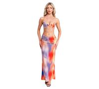 Lpdshaa Women's Ruffled Bohemian Beach Dress with Thin Straps, Built-in Bra + Slit Maxi Skirt for Vacations, Brunches, and Street Outings, Removable Pearl Chain Orange S