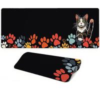 Lpfieonn Cat Large Desk Mat -90x40cm- Large Desk Protector Mats with Non-Slip Rubber Base and Stitched Edges Soft, Black Gaming Mouse Pad, for Keyboard Home Office Gaming Work. PF-1869
