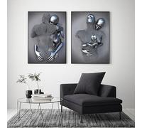 LPFNSF 3D Metal Art Decoration Painting, Modern Silver and Gold Sculpture Effect Decoration Poster, Romantic Hug Love Printed Canvas Painting, Frameless (B 2, 50x70cm*2)