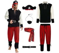 LPFNSF Men's Pirate Costume 6 Piece Set, Renaissance Shirt with Vest and Viking Pants for Halloween, Pirate Festival, Cosplay (XL)