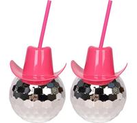 Lpitoy 2 Pcs Disco Ball Cups Pink Cowgirl Hat Mirror Party Cup 70s Cocktail Cup Wine Glass for 1970s Bar Dance Cowboy Bachelorette Party Supplies