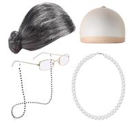 Lpitoy 5pcs Old Lady Costume Set Old Lady Wig Granny Glasses Pearl Necklace Halloween Cosplay Accessories for Dress Up Party