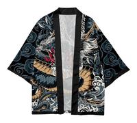 Lpitoy Chinese Dragon Pattern Kimono Cardigan Men's Kimono Robe Dragon Pattern Bathrobe Chinese Short Kimono Robe Japanese Samurai Coat