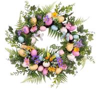 Lpitoy Easter Egg Wreath, Artificial Flower Easter Wreaths for Front Door Colorful Flower Wreath with Easter Eggs for Easter Spring Decorations