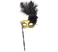Lpitoy Masquerade Mask with Stick, Half Face Venetian Mask Feather Mardi Gras Mask for Women Halloween Mardi Gras Carnival Party Accessory