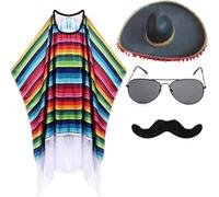 Lpitoy Mexican Party Costume Set for Adults Include Mexican Serape Poncho Sombrero Hat Sunglasses Moustache, Cinco De Mayo Fiesta Costume Accessory