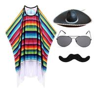 Lpitoy Mexican Party Costume Set for Adults Include Mexican Serape Poncho Sombrero Hat Sunglasses Moustache, Cinco De Mayo Fiesta Costume Accessory