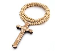 Lpitoy Wooden Neck Jewelry Bead Cross Chain Catholic Crucifix Rosary Cross Choker Necklace for Unisex