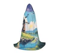 LPLSNWS beautiful river windmill Small Printed Hooded Cape/Cape, Teen Robe Costume, Suitable for Cosplay and Themed Parties