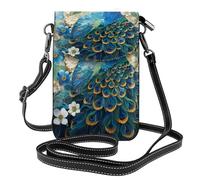 LPLSNWS Blue peacock standing among flowers Printed women's small mobile phone wallet with adjustable shoulder strap