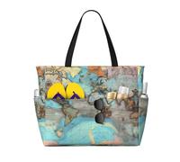 LPLSNWS Cartoon world map Patterned canvas beach travel bag - durable storage bag for vacations, camping, shopping, and moving.