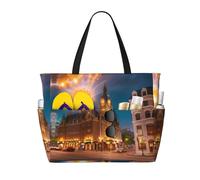 LPLSNWS Fiery Red Street Patterned canvas beach travel bag - durable storage bag for vacations, camping, shopping, and moving.