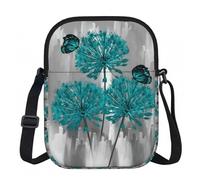 LPLSNWS Gray Teal Flower Butterfly Printed Zipper Crossbody Bag - Small Shoulder Bag with Adjustable Strap - Portable Travel Work Gift Bag for Women Men