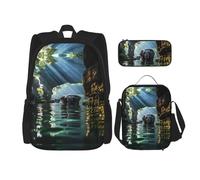 LPLSNWS Large capacity Asian elephant in the water printed backpack set, adjustable multifunctional lunch box and pencil case set
