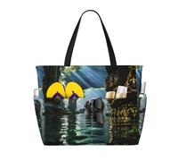 LPLSNWS Large-capacity Asian elephant in the water printed beach bag - suitable for vacations, camping, moving, shopping, and more.