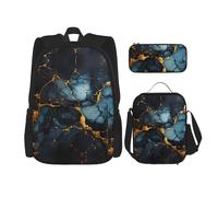 LPLSNWS Large capacity Black Gold Marbled printed backpack set, adjustable multifunctional lunch box and pencil case set