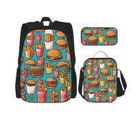 LPLSNWS Large capacity cartoon burger fries printed backpack set, adjustable multifunctional lunch box and pencil case set