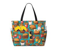 LPLSNWS Large-capacity cartoon burger fries printed beach bag - suitable for vacations, camping, moving, shopping, and more.