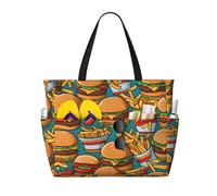LPLSNWS Large-capacity cute burger fries printed beach bag - suitable for vacations, camping, moving, shopping, and more.