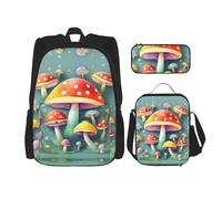 LPLSNWS Large capacity Cute colored mushrooms printed backpack set, adjustable multifunctional lunch box and pencil case set