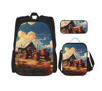 LPLSNWS Large capacity Farm Red Tractor printed backpack set, adjustable multifunctional lunch box and pencil case set