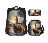 LPLSNWS Large capacity London Color Taxi printed backpack set, adjustable multifunctional lunch box and pencil case set