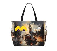 LPLSNWS Large-capacity London Color Taxi printed beach bag - suitable for vacations, camping, moving, shopping, and more.