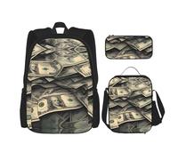 LPLSNWS Large capacity lots of dollars printed backpack set, adjustable multifunctional lunch box and pencil case set