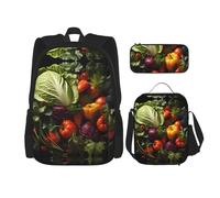 LPLSNWS Large capacity Lots of fresh vegetables printed backpack set, adjustable multifunctional lunch box and pencil case set