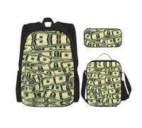 LPLSNWS Large capacity many cartoon dollars printed backpack set, adjustable multifunctional lunch box and pencil case set