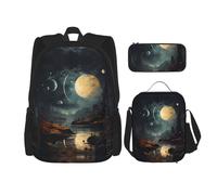 LPLSNWS Large capacity Moon Stars and Planets printed backpack set, adjustable multifunctional lunch box and pencil case set