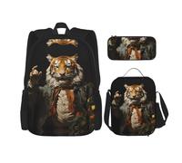 LPLSNWS Large capacity Mr. Dancing Tiger printed backpack set, adjustable multifunctional lunch box and pencil case set