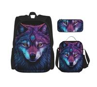 LPLSNWS Large capacity Neon wolf with purple head printed backpack set, adjustable multifunctional lunch box and pencil case set