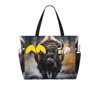LPLSNWS Large-capacity North American bison printed beach bag - suitable for vacations, camping, moving, shopping, and more.